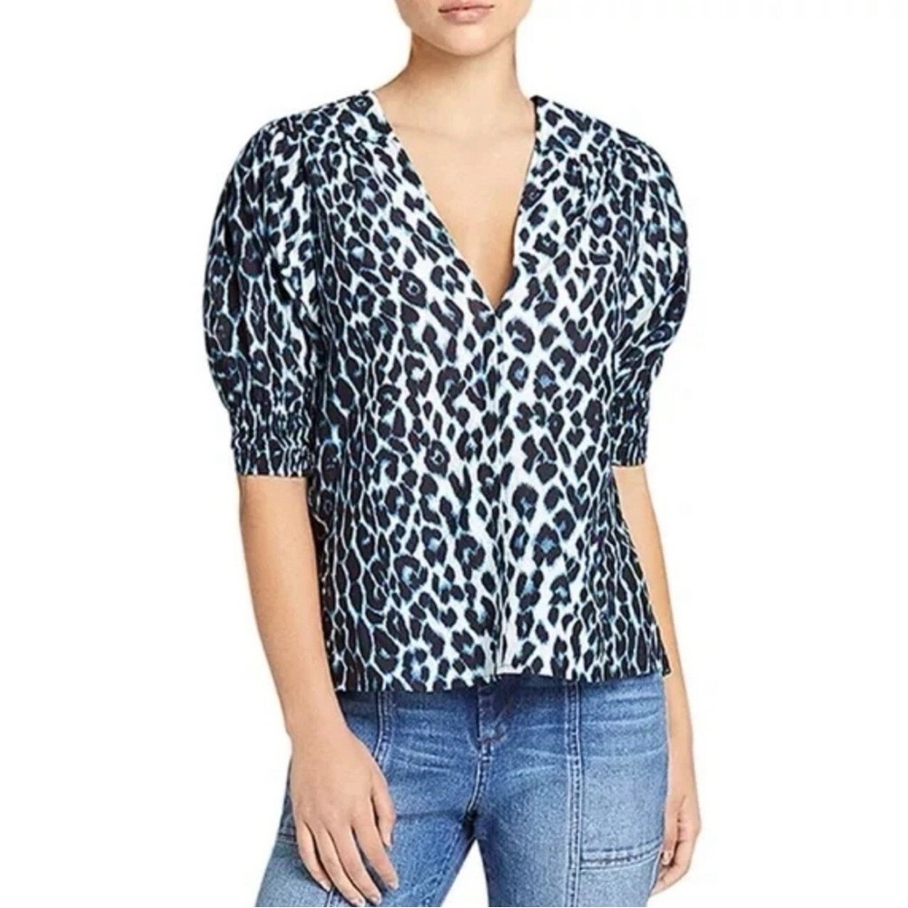 ALC Elton Blue Leopard Print Puff Sleeve Top Size 6